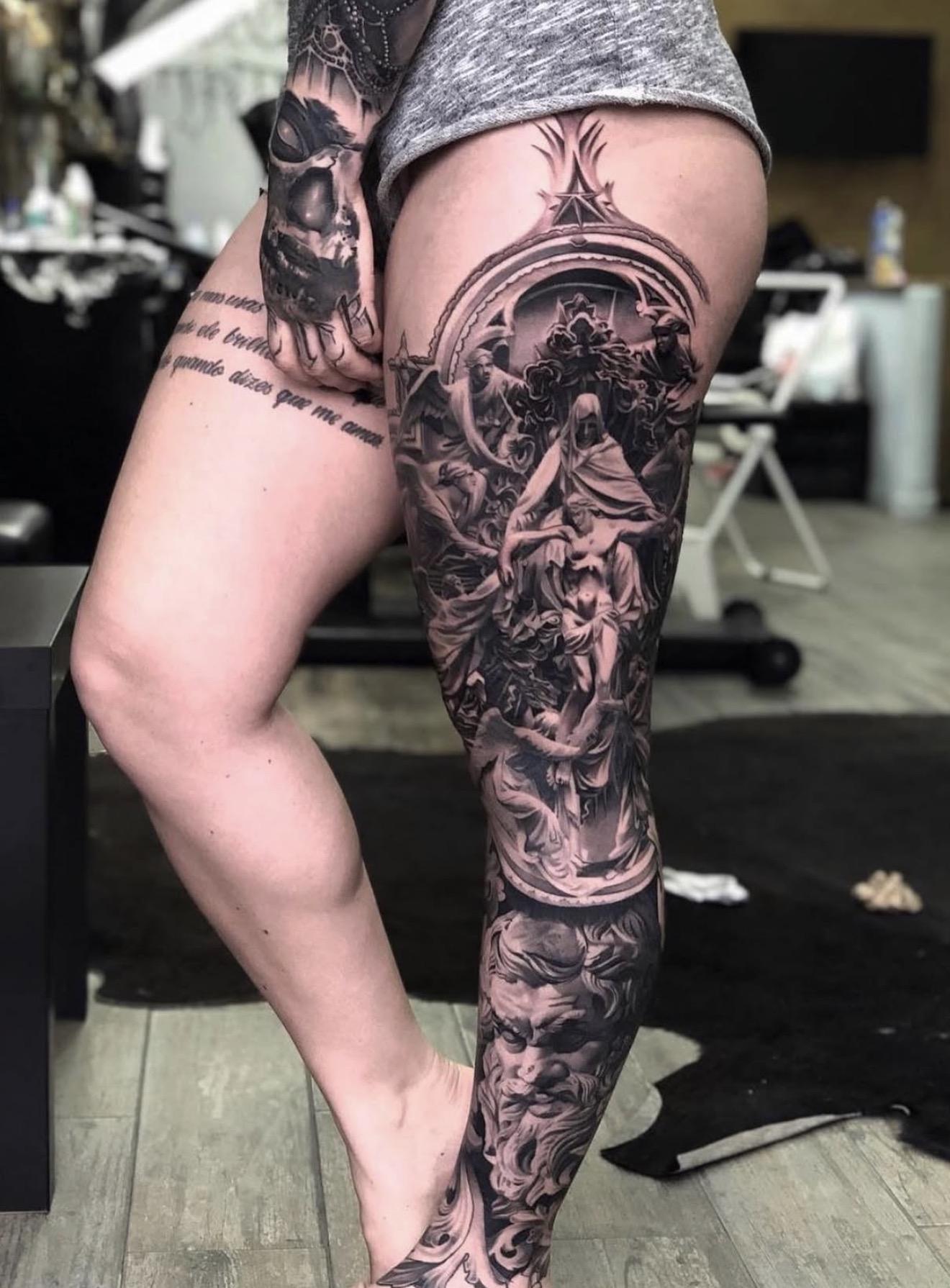 Leg piece tattoo portfolio work from Titans Legacy Ink.